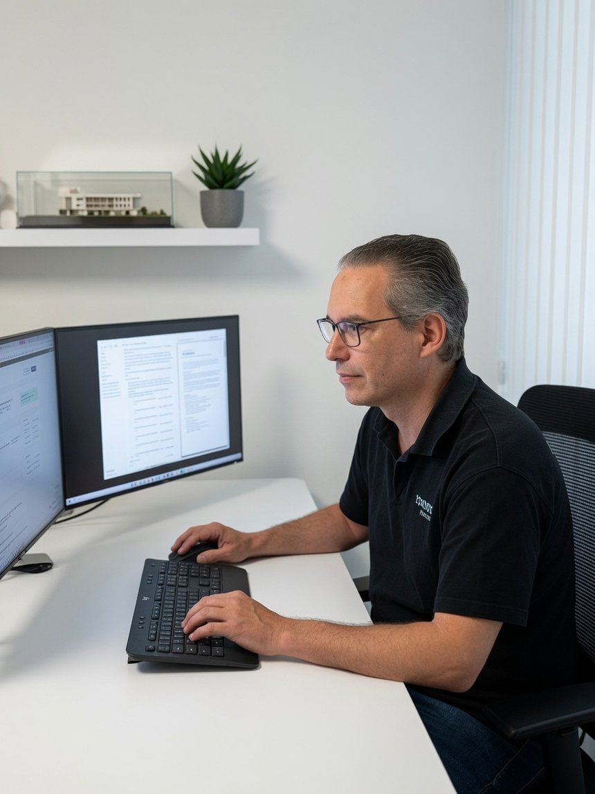 Mike Höhmann am Arbeitsplatz mit dem eigenen ERP